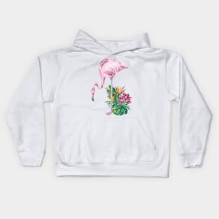 Pink Flamingo and Tropical Flowers Watercolor Art Kids Hoodie